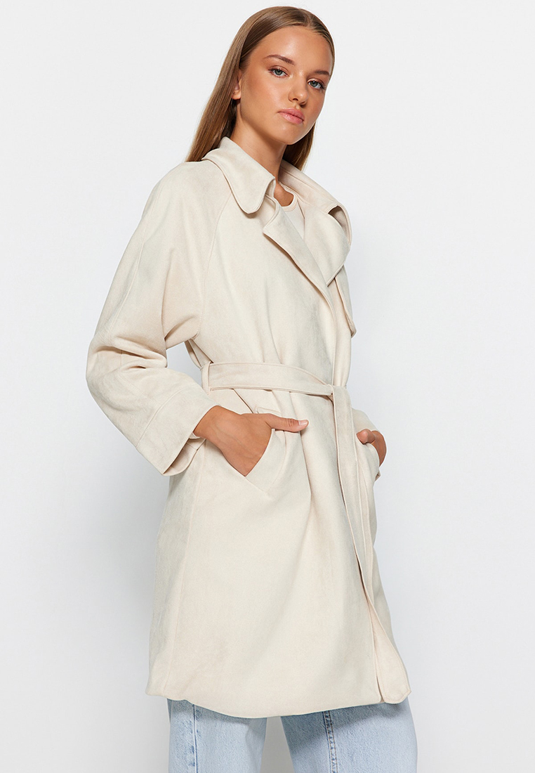 Trendyol Wide-Cut Suede Long Trench Coat With Sash Detail