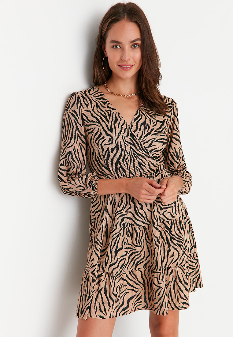 Trendyol Zebra Patterned Double Breasted Collar Mini, Flexible Knitted Dress