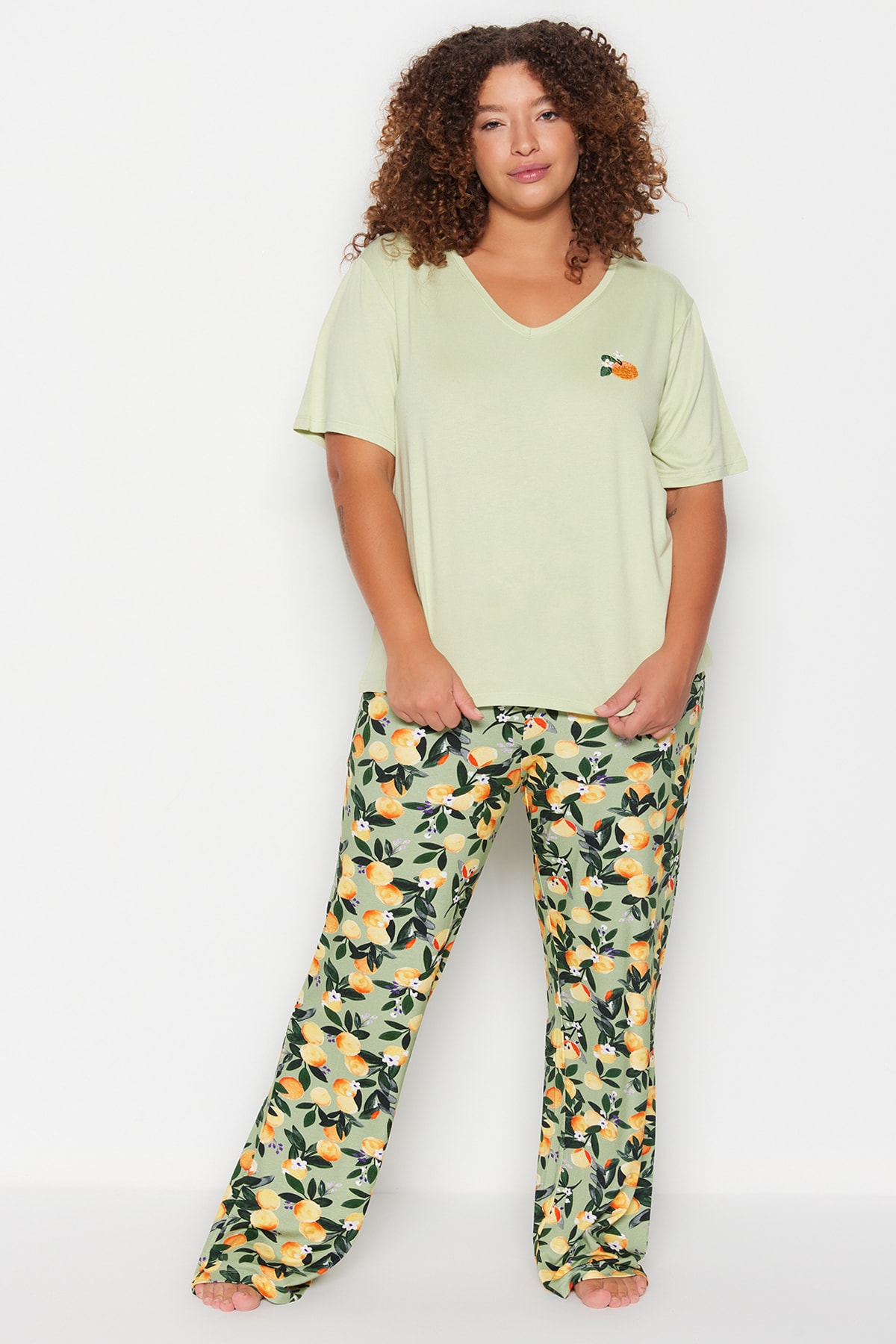 Trendyol Plus Size Mint Printed Knitted Pajamas Set