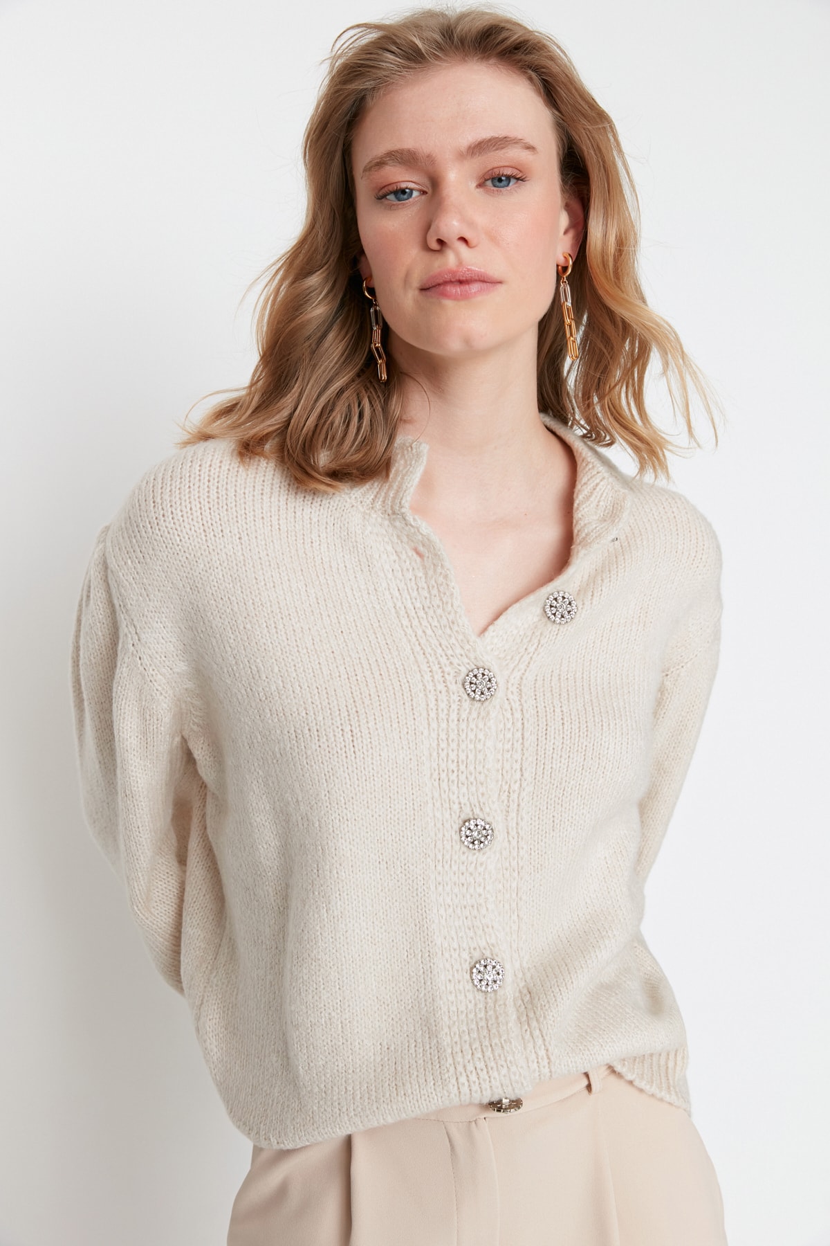 Trendyol Knitwear Cardigan with Jeweled Buttons