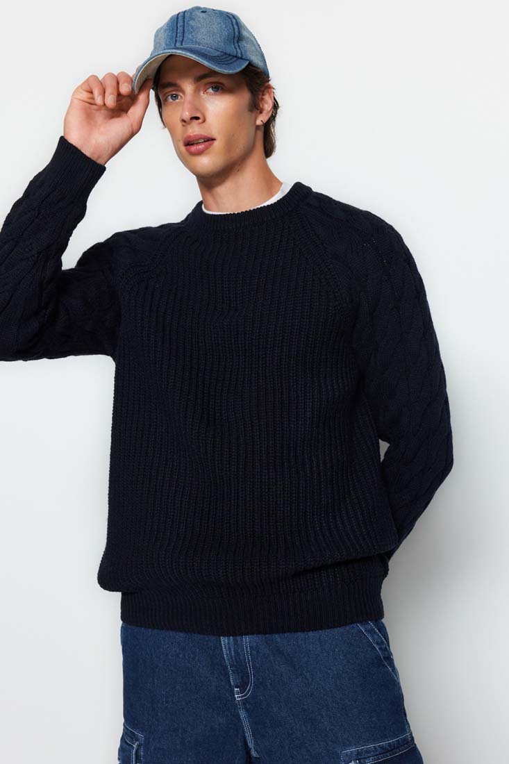 Trendyol Navy Blue Men's Regular Fit Crewneck Collar Knitted Detail Knitwear Sweater