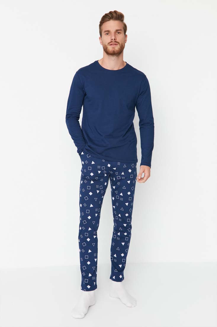 Trendyol Navy Blue Men's 100% Cotton Regular Fit Printed Knitted Pajamas Set.