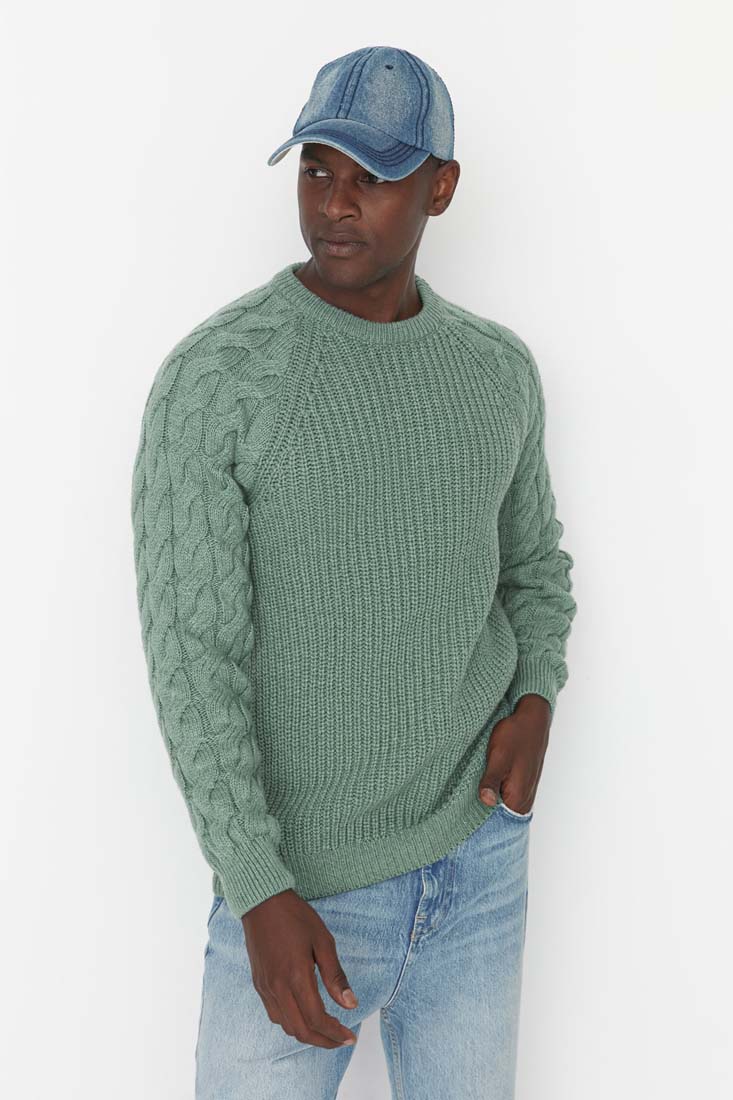 Trendyol Mint Men's Regular Fit Crewneck Sweater with Knit Detail and Knitwear.