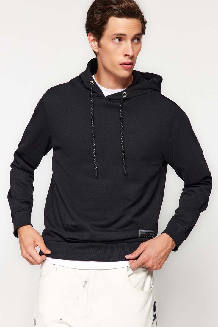 Trendyol Black Men's Oversize/Wide-Cut Hoodie with Labels, Fleece Fleece Thick Sweatshirt.