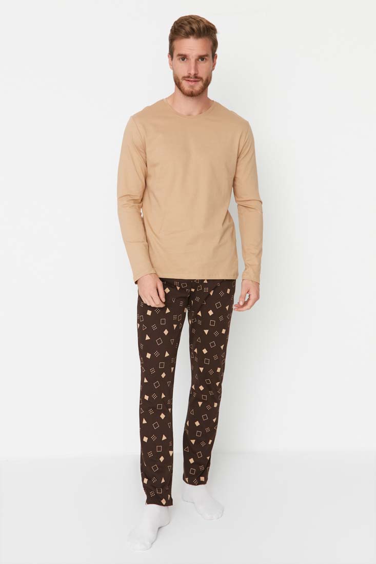 Trendyol Beige Men's 100% Cotton Regular Fit Printed Knitted Pajamas Set.