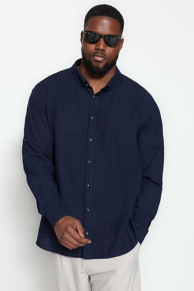 Trendyol Plus Size Navy Blue Men's Regular Fit Comfy Shirt with One Button Collar