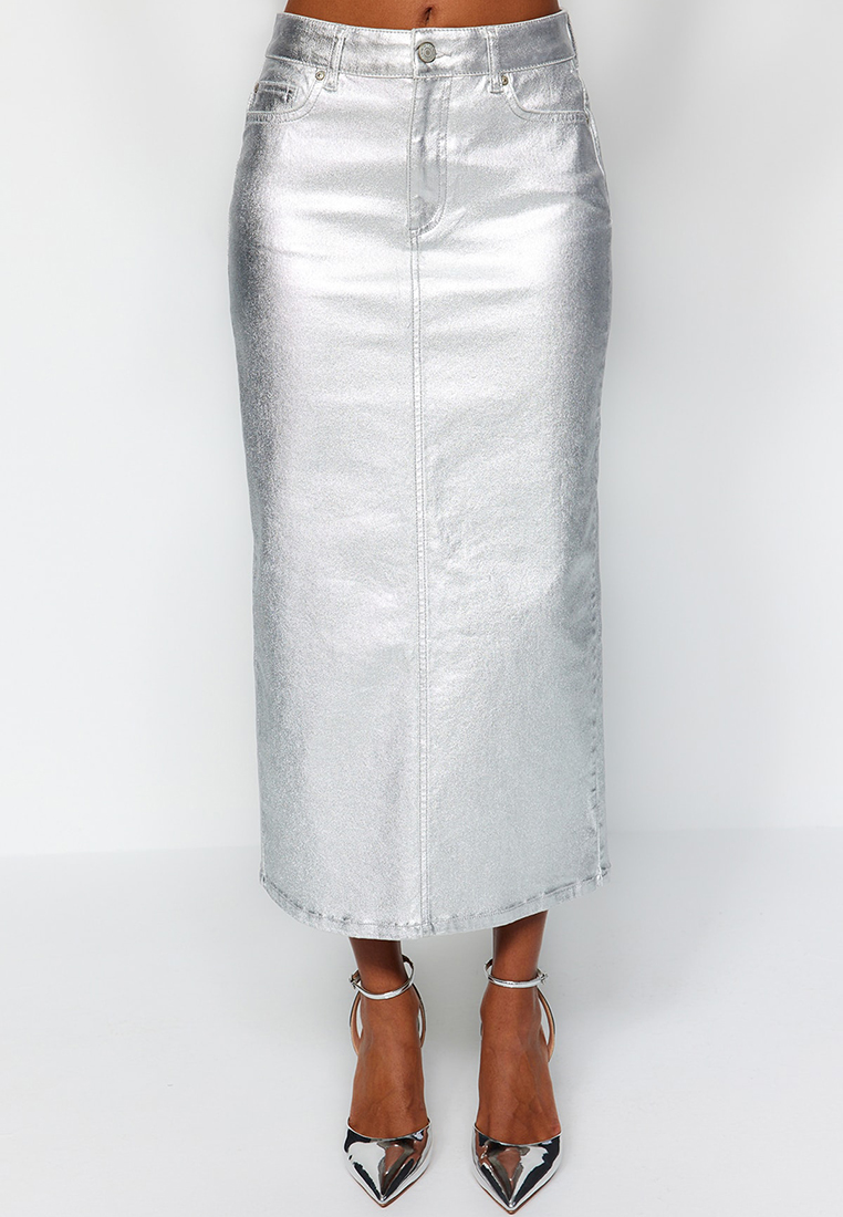 Trendyol Metallic Slit Denim Maxi Skirt