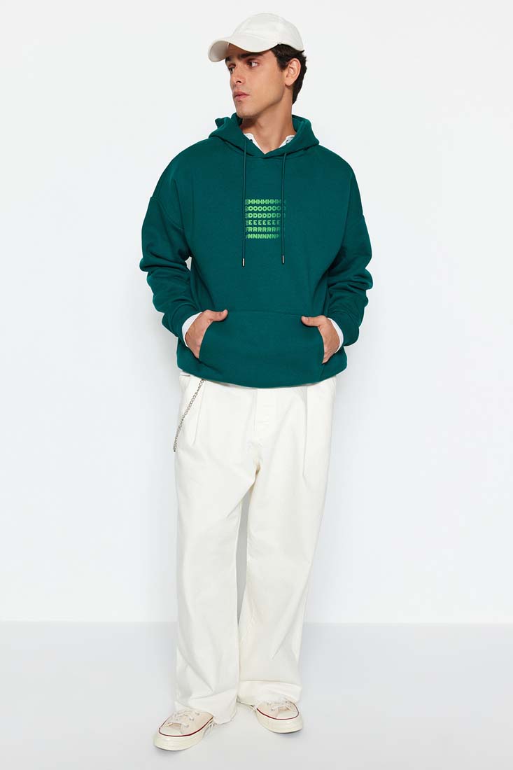 Trendyol Dark Green Men's Oversized Hooded Labyrinth Printed Sweatshirt with a Soft Pile Inside.