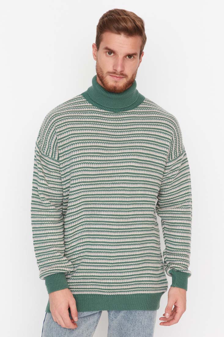 Trendyol Mint Men's Oversize Fit Turtleneck Striped Knitwear Sweater
