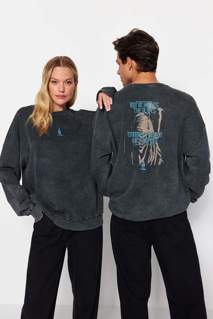 Trendyol Anthracite Unisex Oversized Crew Neck 100% Cotton Washable Effect Thick Mystical Theme Sweatshirt.