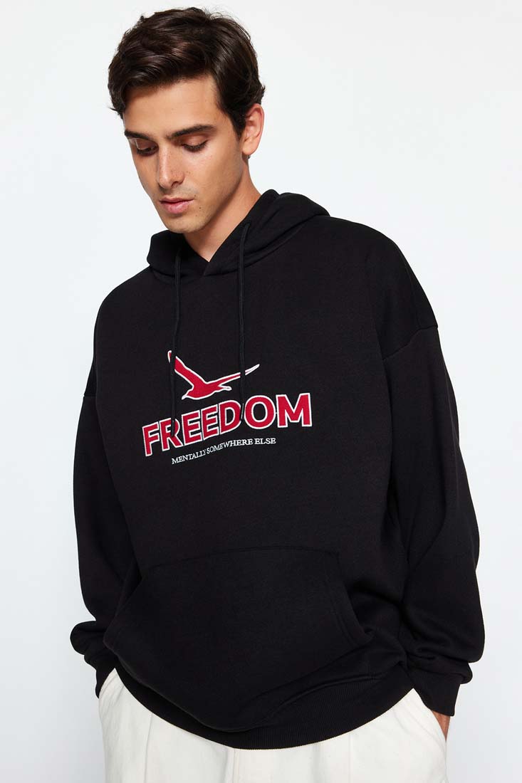 Trendyol Black Men's Oversize/Wide-Cut Hoodie with Fishnet Embroidery Fleece Inside Cotton Sweatshirt.