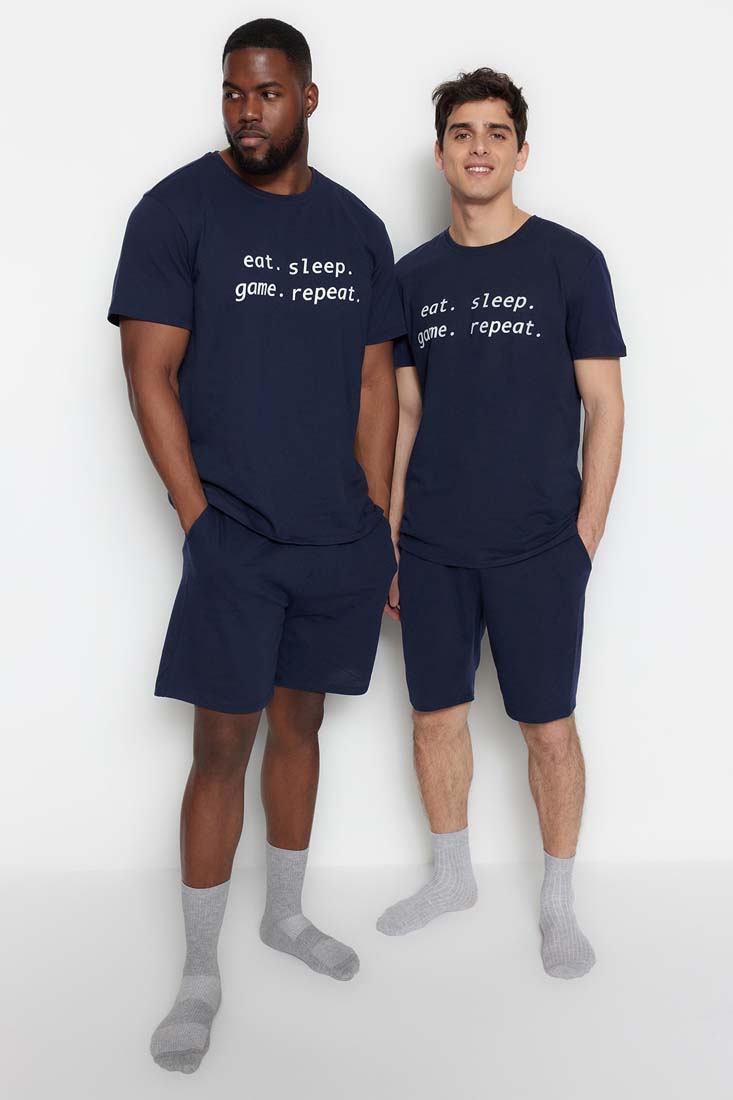 Trendyol Navy Blue Men's Plus Size Regular Fit Printed Comfortable Knitted Pajamas Set