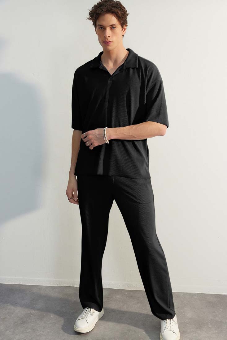 Trendyol Limited Edition Black Men's Comfortable Cut/Wide Leg Textured Ottoman Hidden Drawstring Wrinkle-Free Sweatpants.
