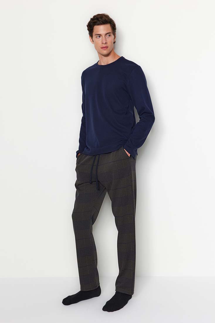 Trendyol Men's Navy - Khaki Plaid Knitted Pajamas Set