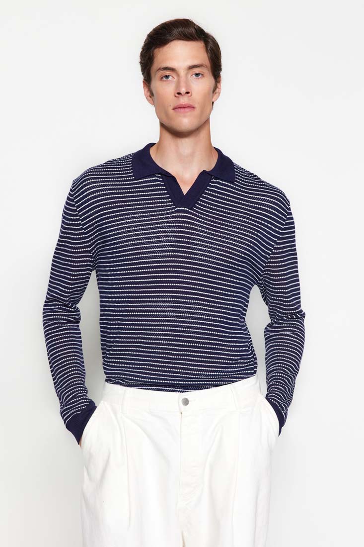 Trendyol Navy Blue Men's Regular Fit Cotton Polo Neck Knitwear Sweater.
