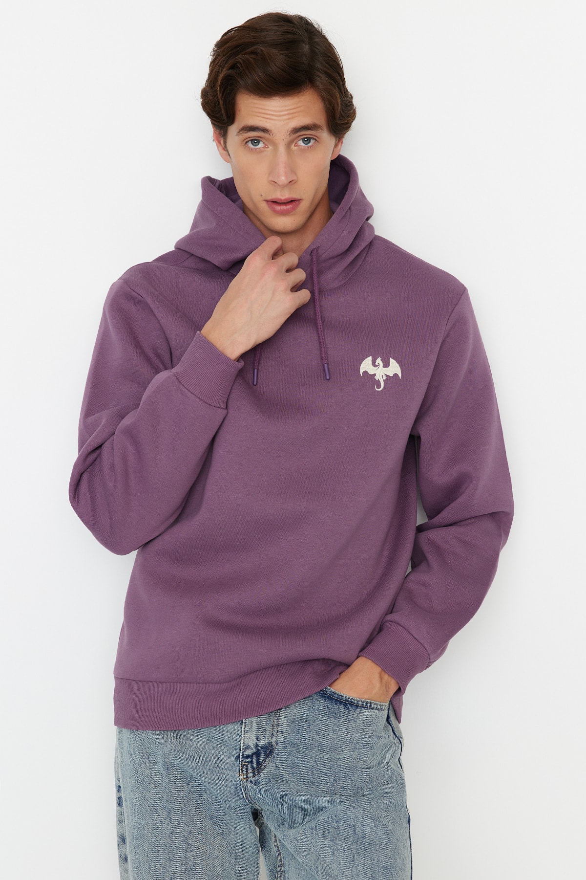 Trendyol Lilac Men's Regular/Normal Cut Sweatshirt with Animal Embroidery and a Soft Fluffy Inside