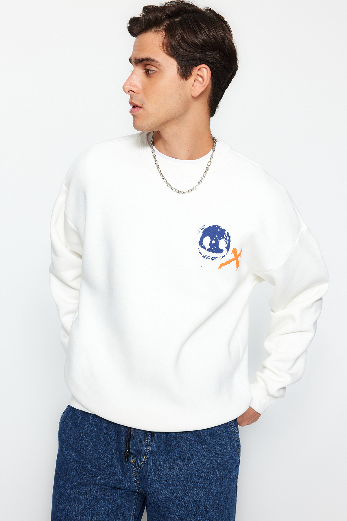 Trendyol Men's Ecru Oversize/Wide Cut Crew Neck Geometric Print Thick Sweatshirt.