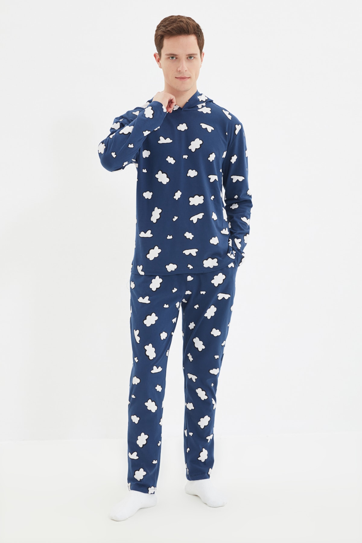 Trendyol Navy Blue Men's Regular Fit Printed Top with Hooded Pajamas Set.