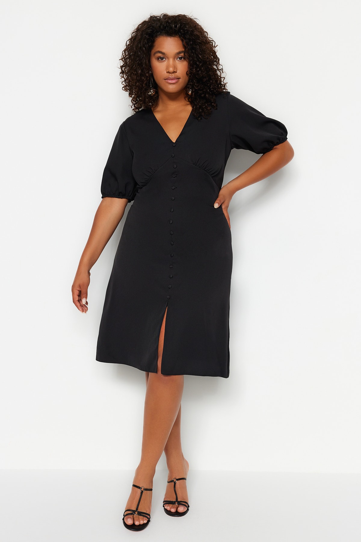 Trendyol Plus Size Black Buttoned Slit Detailed Woven Dress