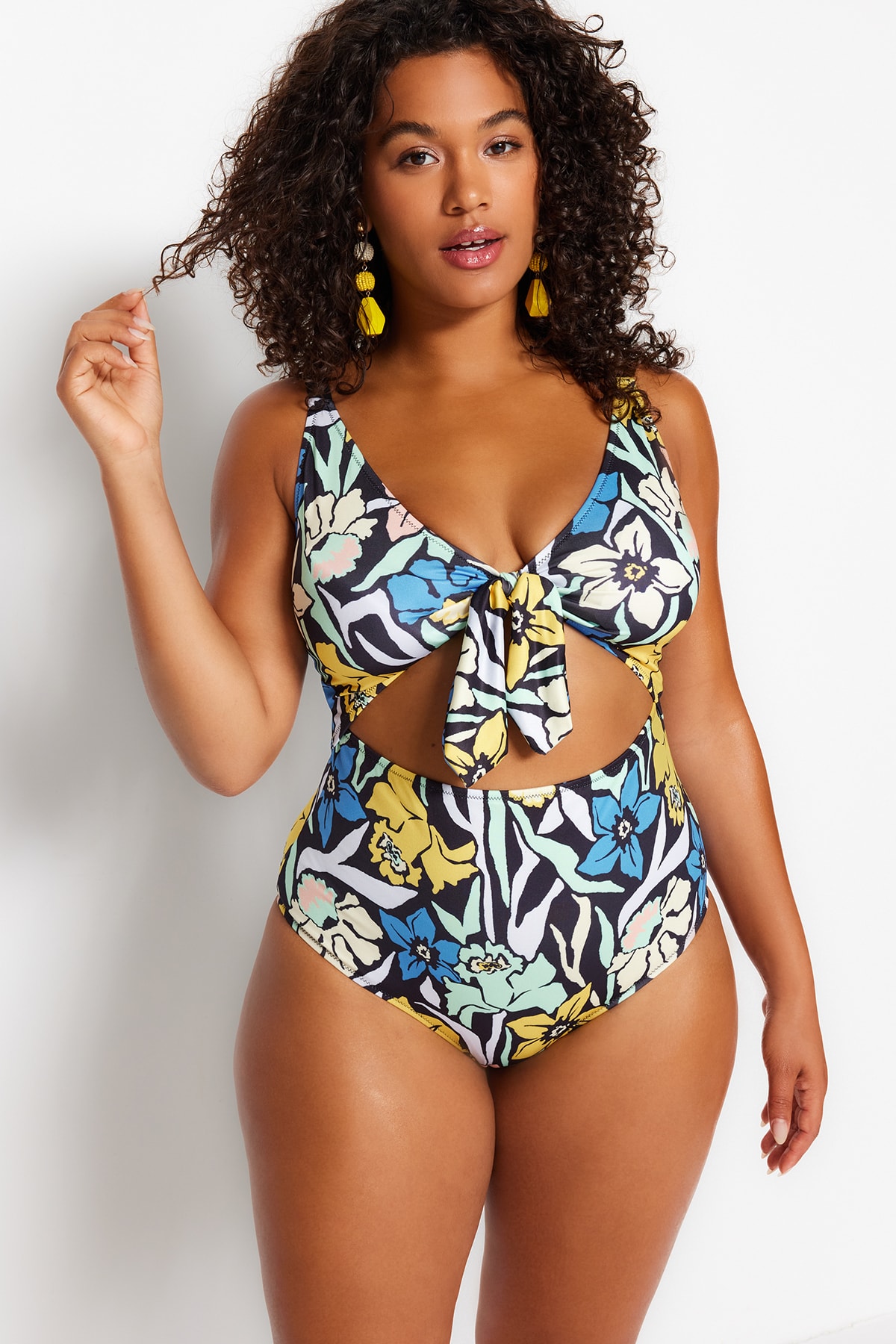Trendyol Plus Size Multicolored Floral Patterned Lace-Up Detailed Swimsuit