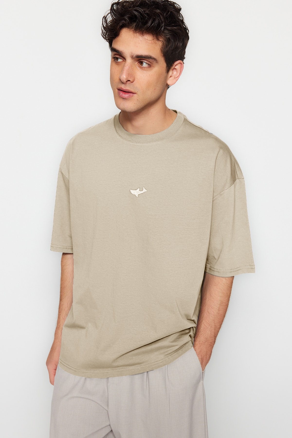 Trendyol Stone Men's Oversize/Wide Cut Crew Neck Short Sleeve Embroidered Shark T-Shirt
