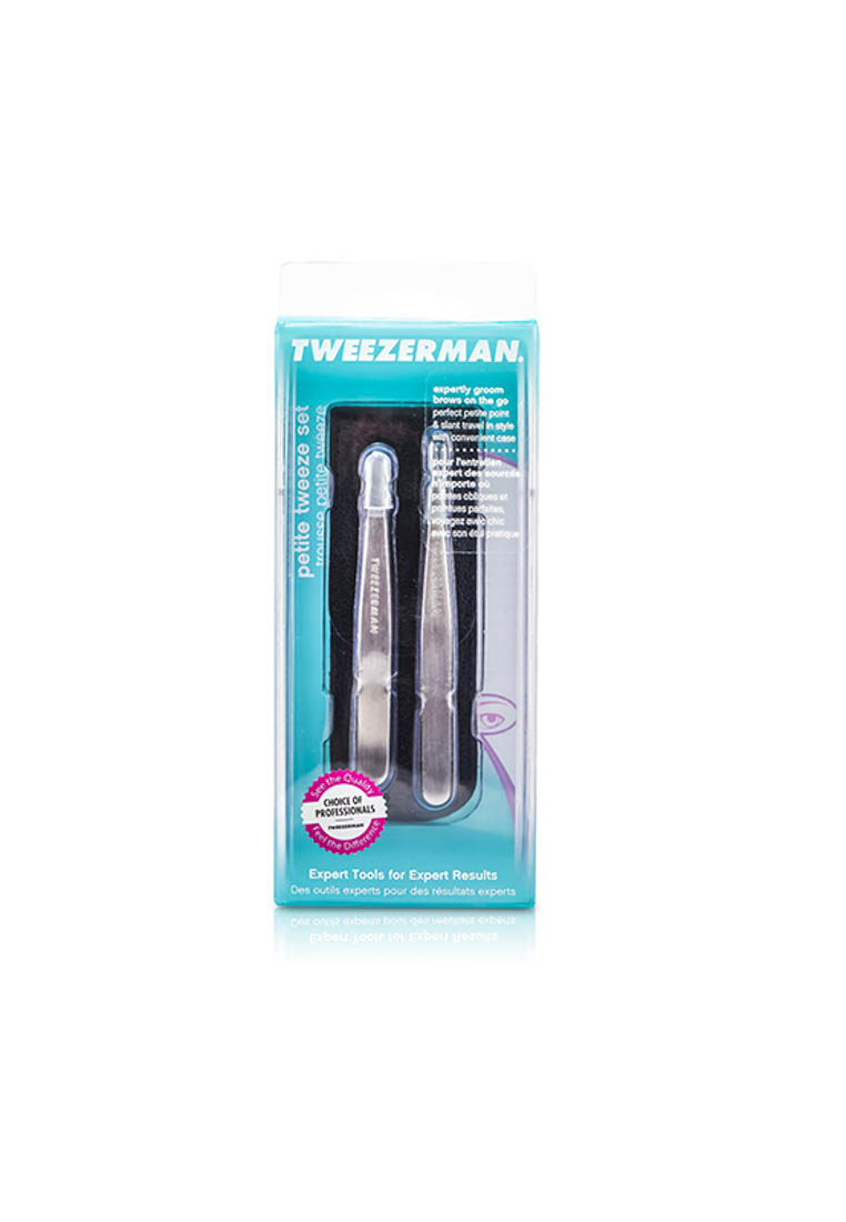 Tweezerman TWEEZERMAN - 迷你專業眉夾組合 :專業斜口眉夾+ 專業尖頭斜口眉夾 (連黑色皮套)Petite Tweeze Set: Slant Tweezer + Point Tweezer - (With Black Leather Case) 2pcs