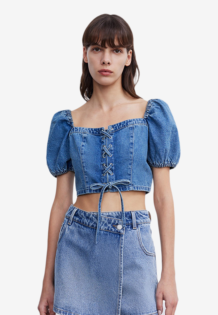 Urban Revivo Lace Up Front Puff Sleeves Denim Blouse
