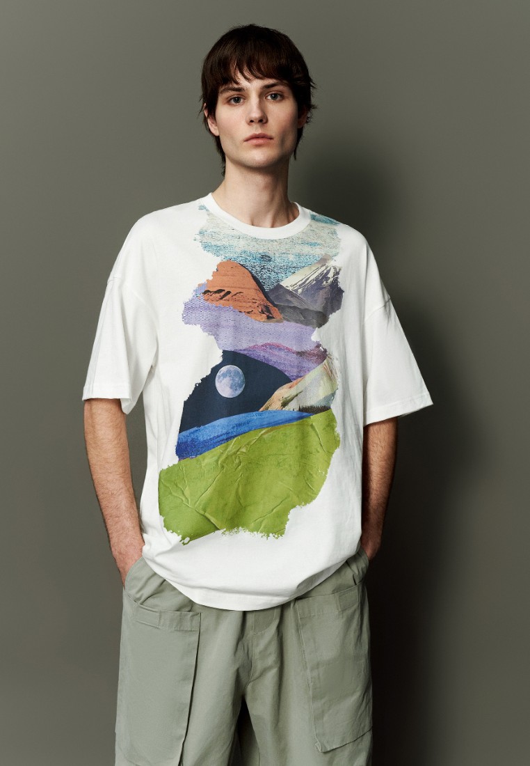 Urban Revivo 男裝設計感風景圖案印花棉質寬鬆短袖T恤