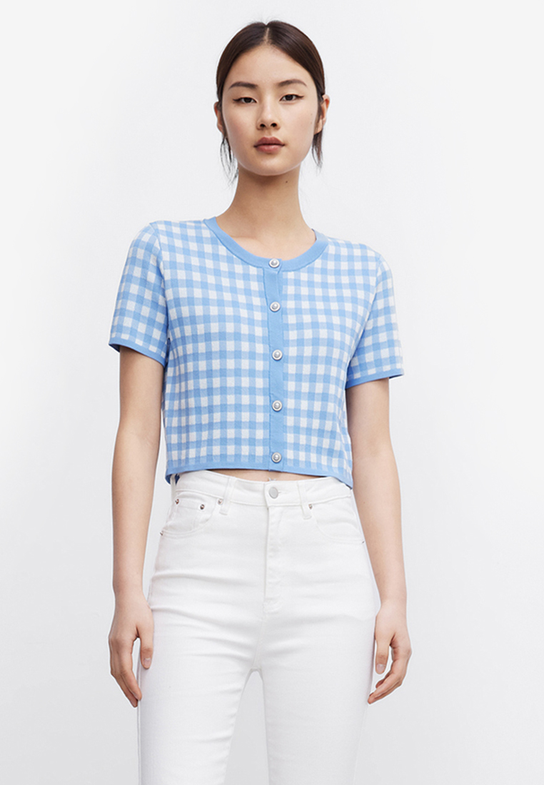 Urban Revivo Checkered Faux Pearl Button Knitted Top