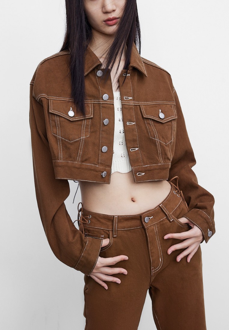 Urban Revivo 女裝復古時尚棕色短款牛仔外套