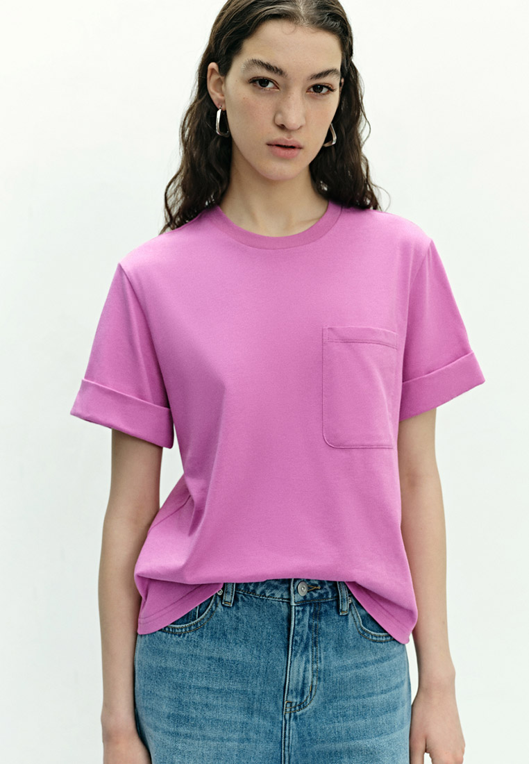 Urban Revivo 女裝休閒風方形貼袋壓邊純色棉質短袖T恤衫