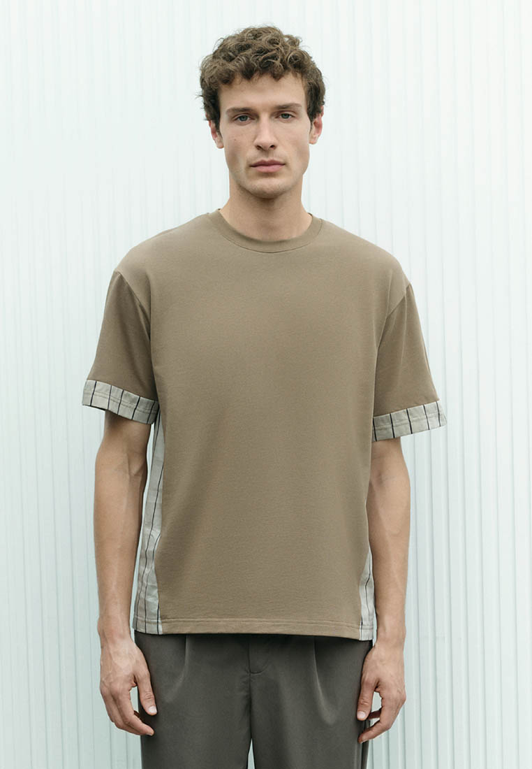 Urban Revivo 男裝時尚拼接設計棉質圓領套頭短袖T恤衫