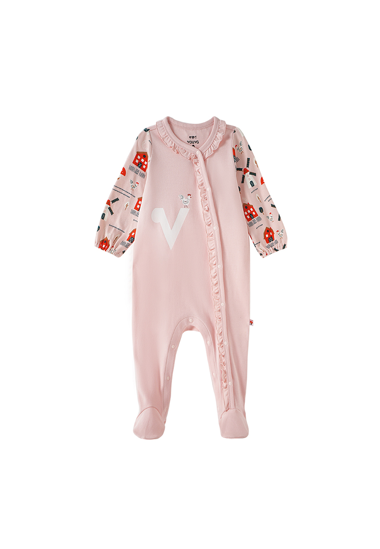 Vauva FW23 - 女嬰北歐風印花棉質長袖連身衣 （粉紅色）