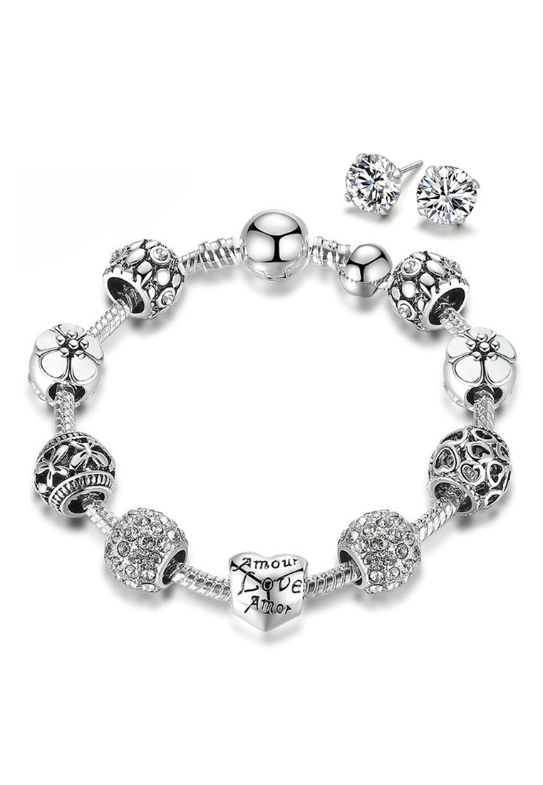 YOUNIQ 925純銀愛情花卉水晶球串飾手鏈與立方氧化鋯石白色耳環套裝
