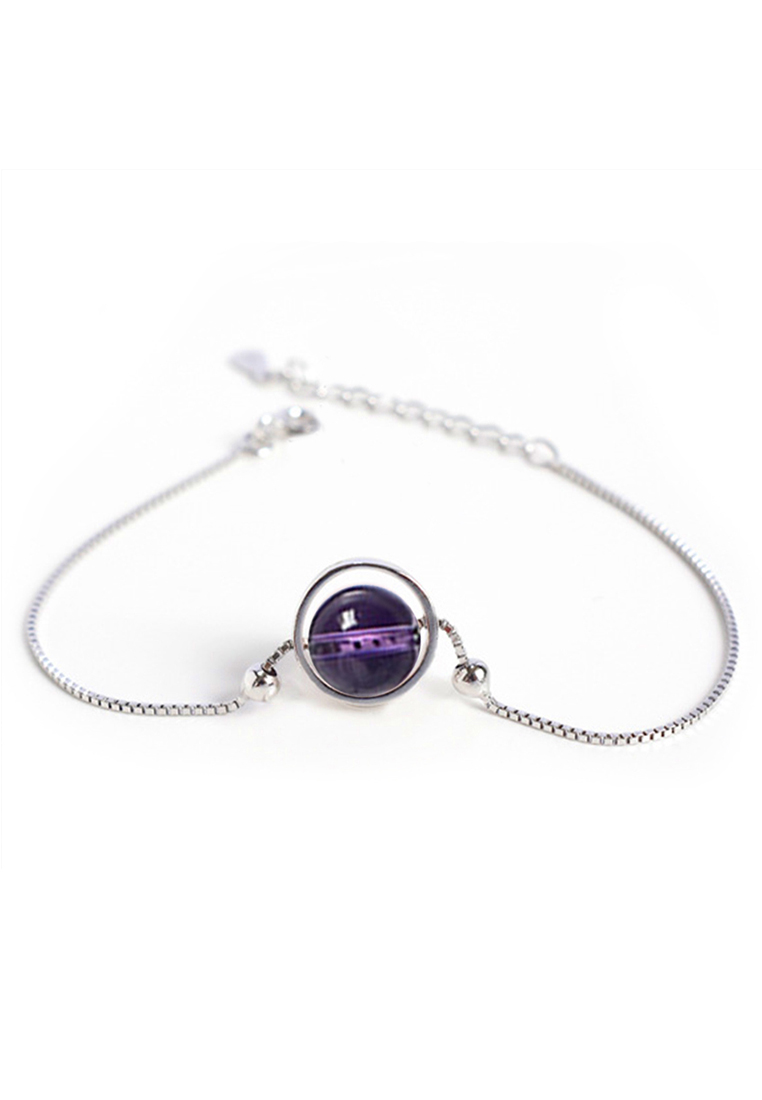 YOUNIQ 925純銀簡約幸運水晶紫色天然石運氣手鏈