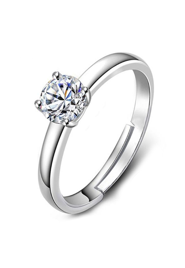 YOUNIQ 簡約韓版銀圓形立方氧化鋯鑽石訂婚結婚戒指