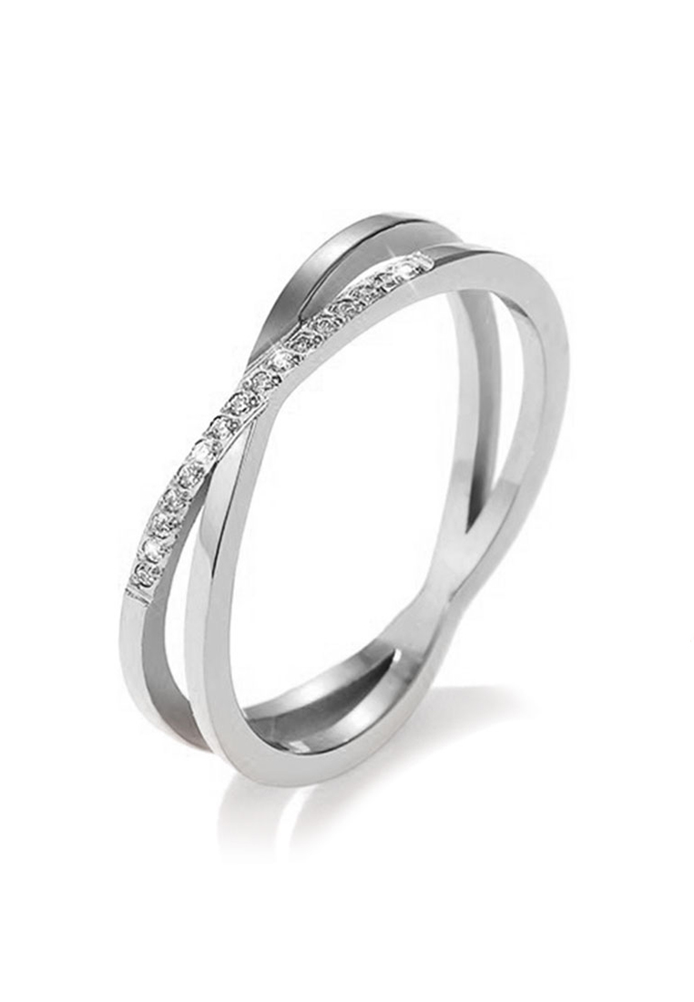 YOUNIQ 簡約交叉鑽石銀色戒指作爲訂婚派對戒指