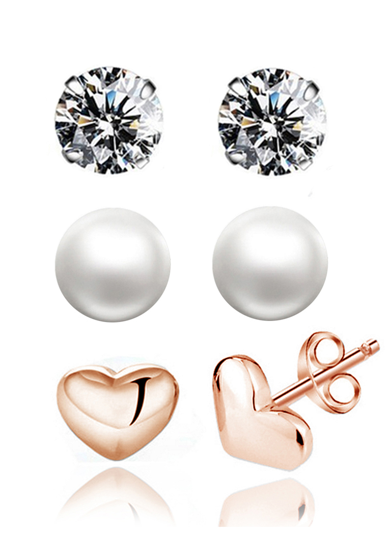 YOUNIQ 925純銀玫瑰金基本款珍珠立方氧化鋯石耳環3合1套裝