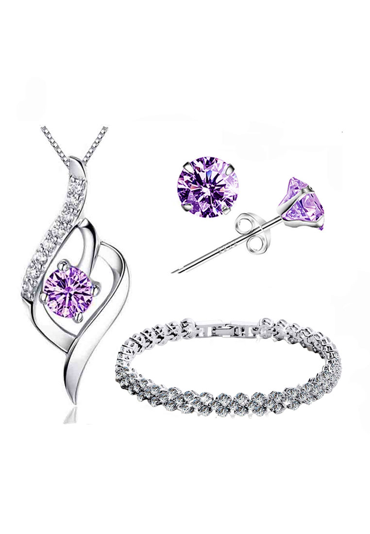 YOUNIQ 925純銀紫編織立方氧化鋯石吊墜項鏈耳環手鏈套裝