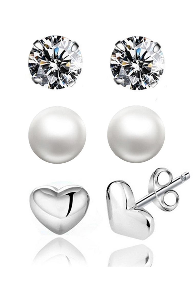 YOUNIQ 925純銀基本款珍珠立方氧化鋯石耳環3合1套裝